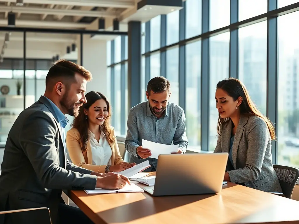 A diverse group of professionals collaborating on a project, illustrating the benefits of teamwork and strategic planning.