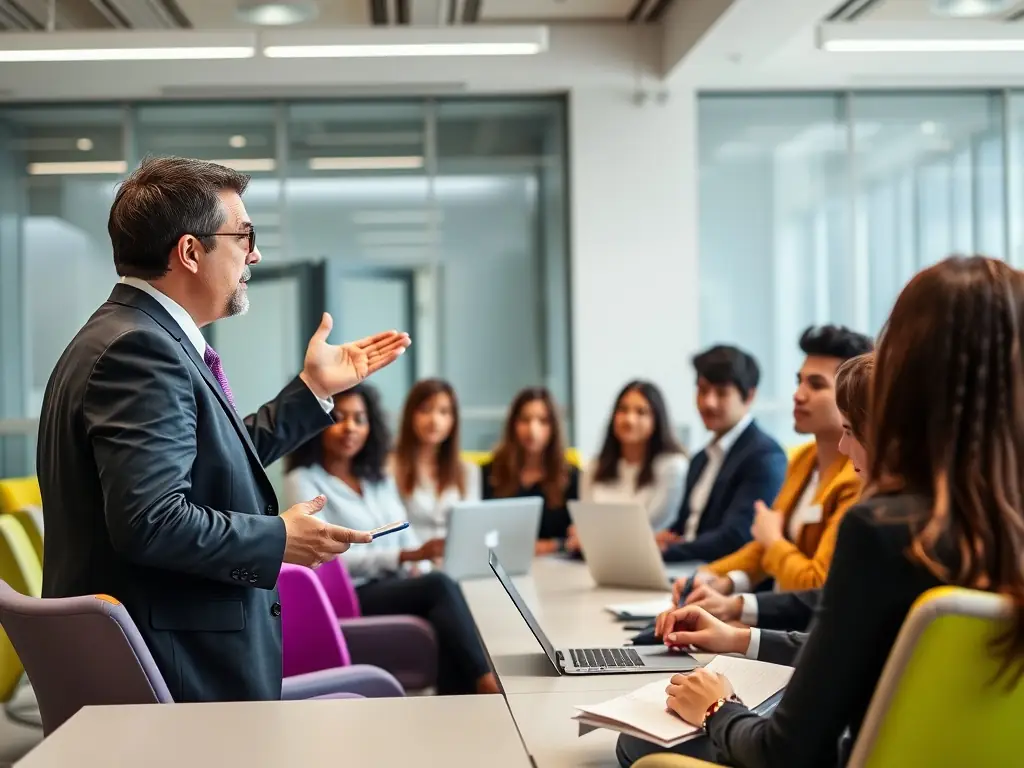 A dynamic leader confidently addressing their team in a modern office setting, symbolizing effective leadership coaching.